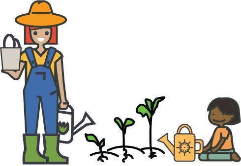 On the right is a woman wearing a yellow hat and in a yellow hat, blue overalls, and green boots. she is holding a bag in one hand and a watering can in the other. In the middle are 3 seedlings of different heights. On the right is a young girl with short hair wearing a yellow shirt and green pants. She is kneeling on the ground next to a yellow watering can.