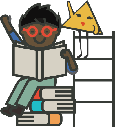 A young boy with red glasses waving with one hand and holding a book with another. He is sitting on a stack of 3 books. Next to him is a yellow triangle character waving and standing on a ladder