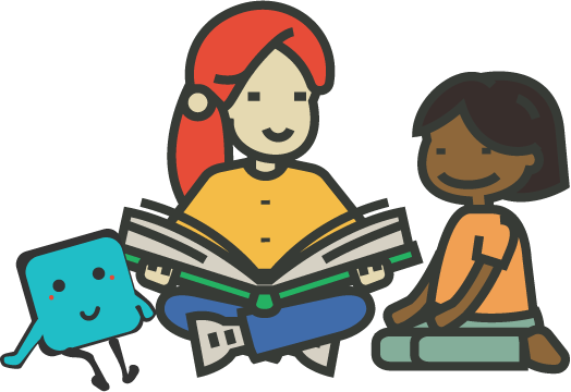 An adult with long red hair and wearing a yellow shirt and green pants is holding an open book. On her right is a blue square character and on her right is a young girl in a yellow shirt and green pants.