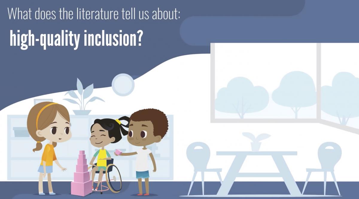 group of children with text overlay saying What does the literature tell us about: high-quality inclusion?