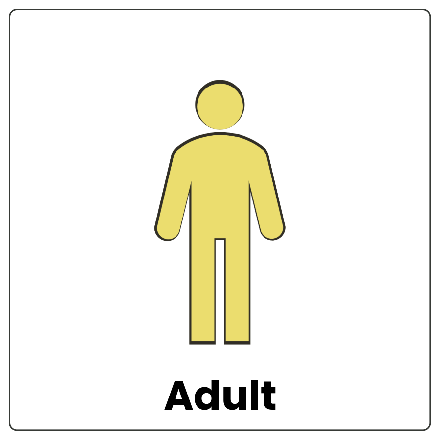 Drawing of a fully grown person and the word adult.