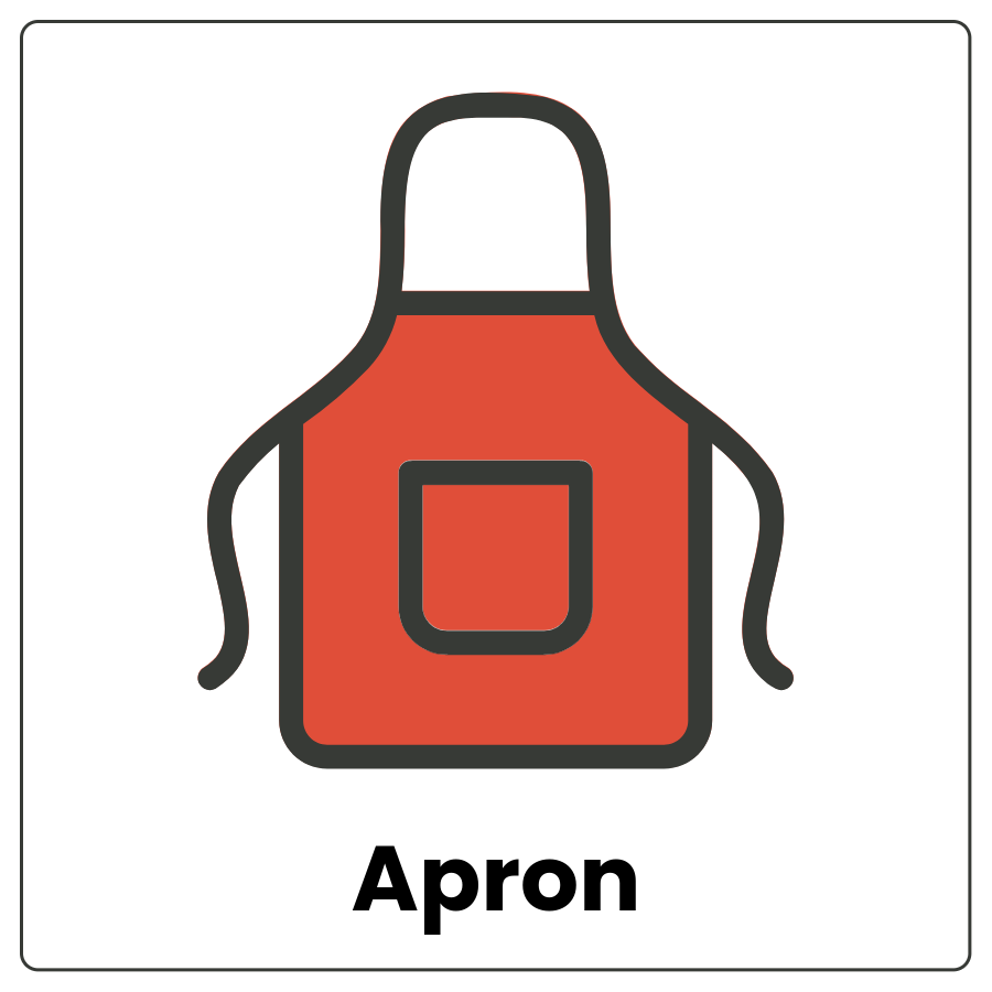 Visual Cue: Apron - Cloth with a strap to go over your head and strings to tie around your waist and the word apron