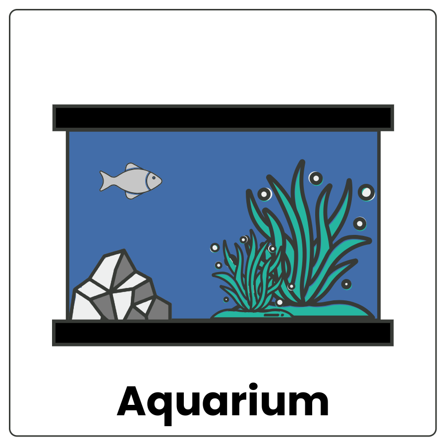 Aquarium - Rectangular glass container mostly filled with water an aquatic animals and plants and the word aquarium