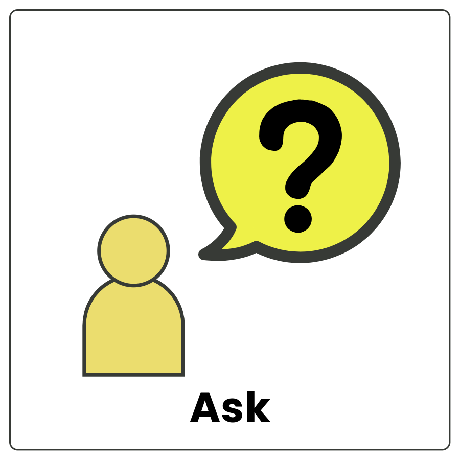 Outline of a person and a speech bubble circle with a question mark and the word ask