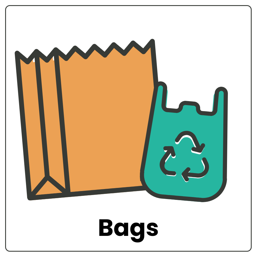 Visual Cue: Bags - open-topped flexible containers for carrying things in and the word bags