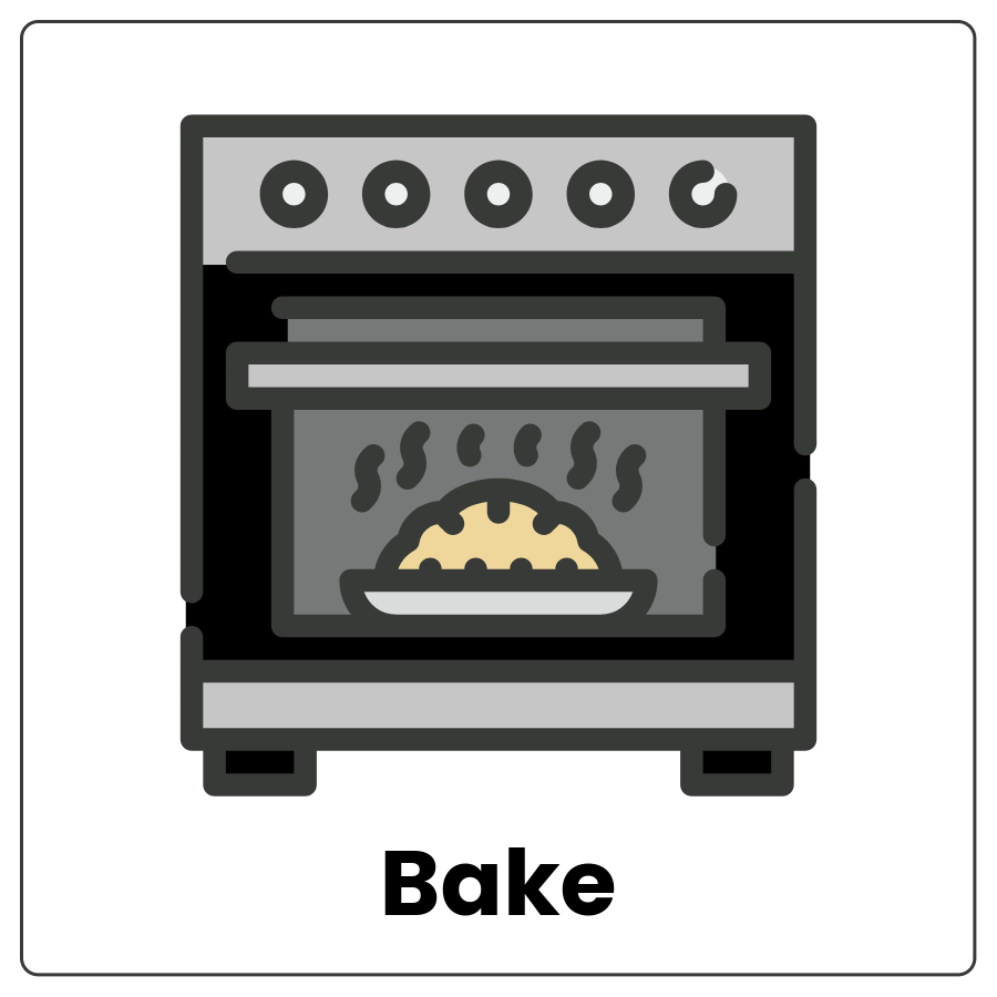 Visual Cue: Bake - Food cooking inside an oven and the word bake