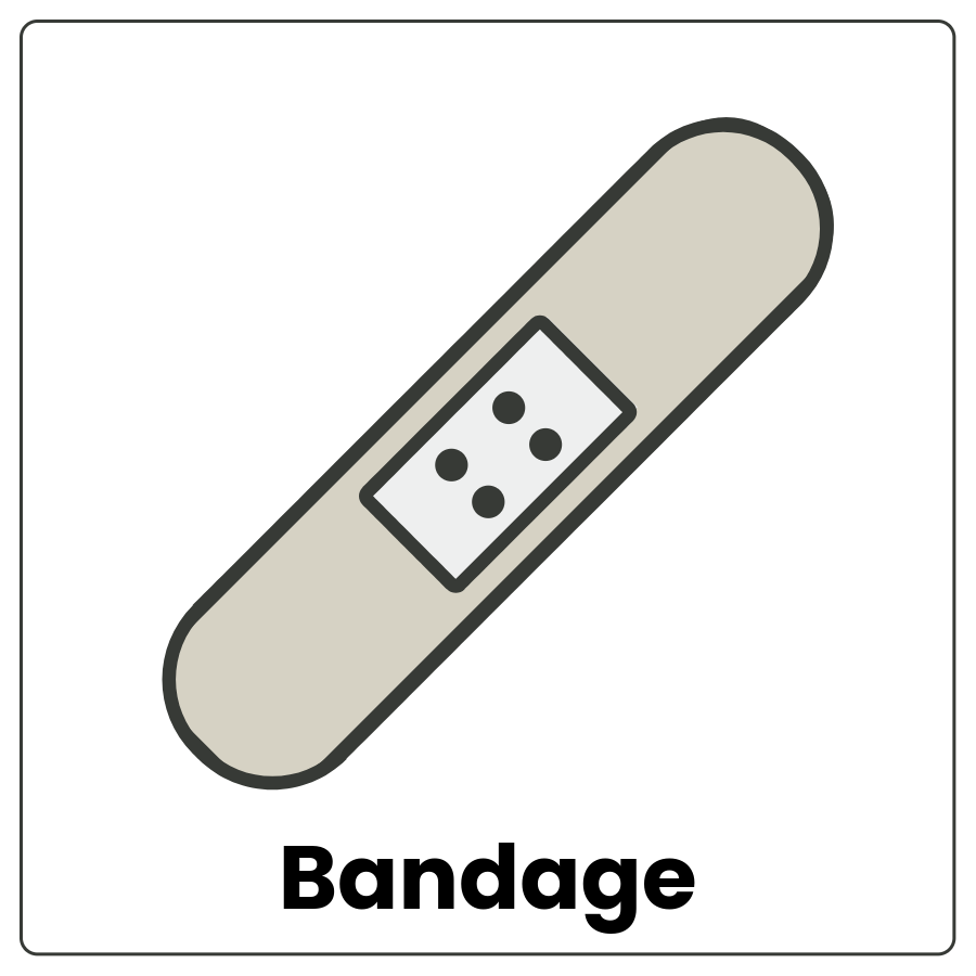 Bandage - Strip of material for covering an injury and the word bandage
