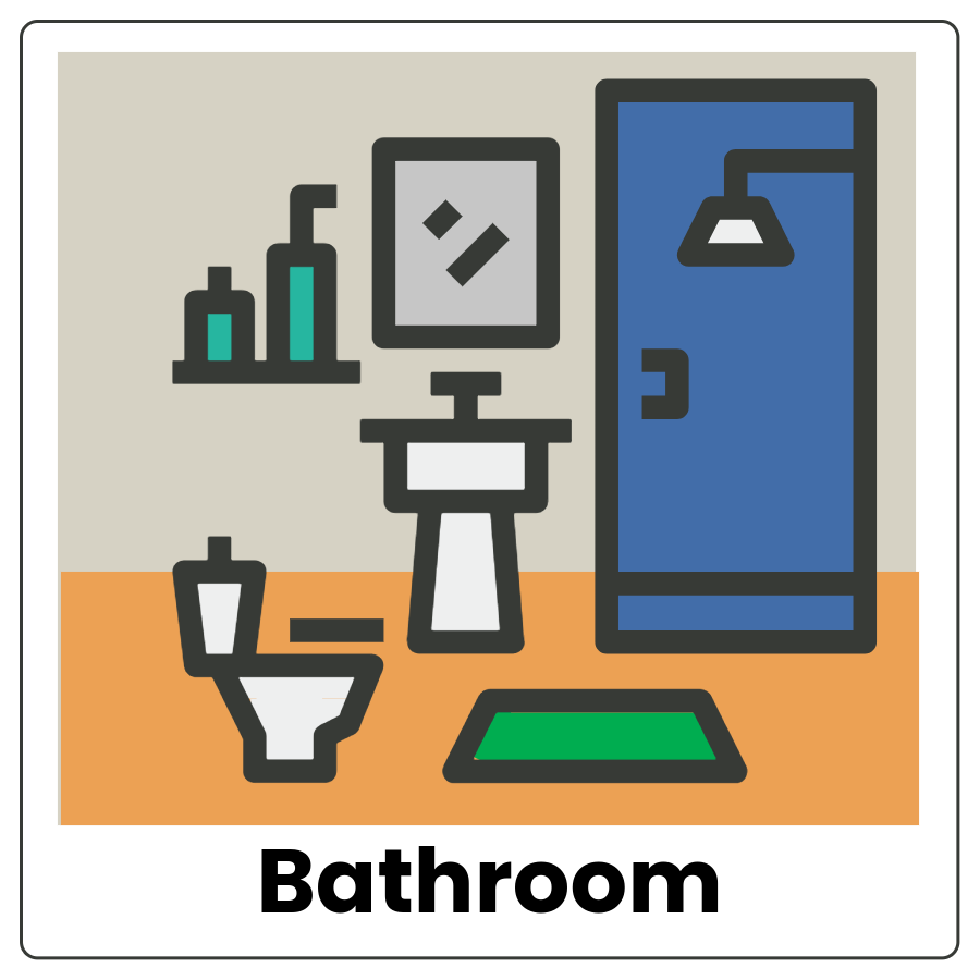 Bathroom - Toilet, sink, mirror, shelf, and closed door and the word bathroom