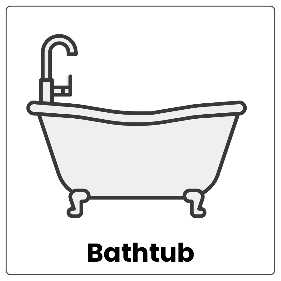 Bathtub - Large basin sitting on the floor and the word bathtub