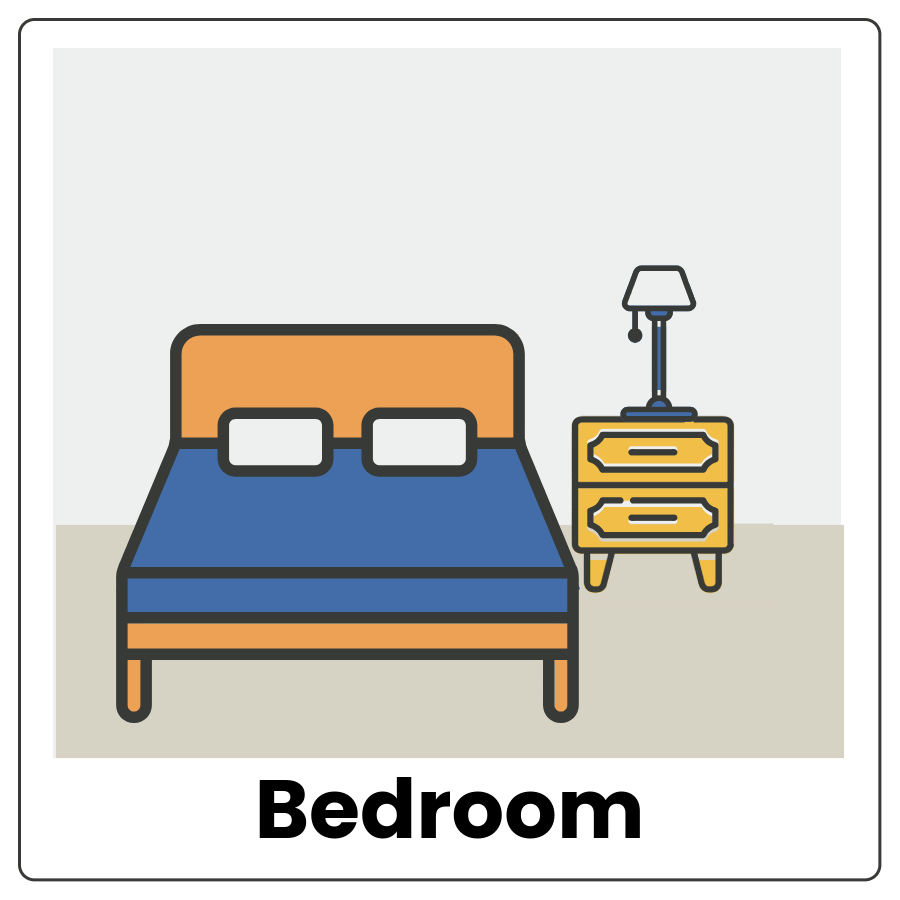Bedroom - Bed , table, and lamp in a room and the word bedroom