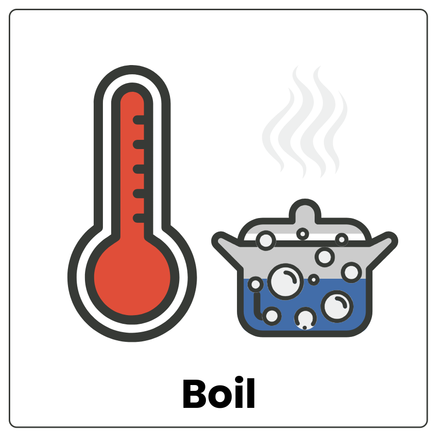 Thermometer with the red tube of liquid all the way at the top and a pot with liquid that is making bubbles and the word boil