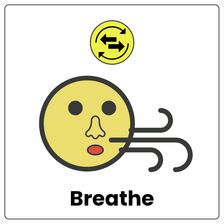Visual Cue: Breathe - Drawing of a face with wind coming from the mouth and 2-way arrows and the word breathe
