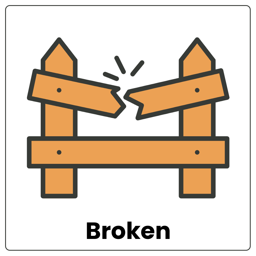 Visual Cue: Broken - Fence with the top piece snapped into 2 pieces and the word broken