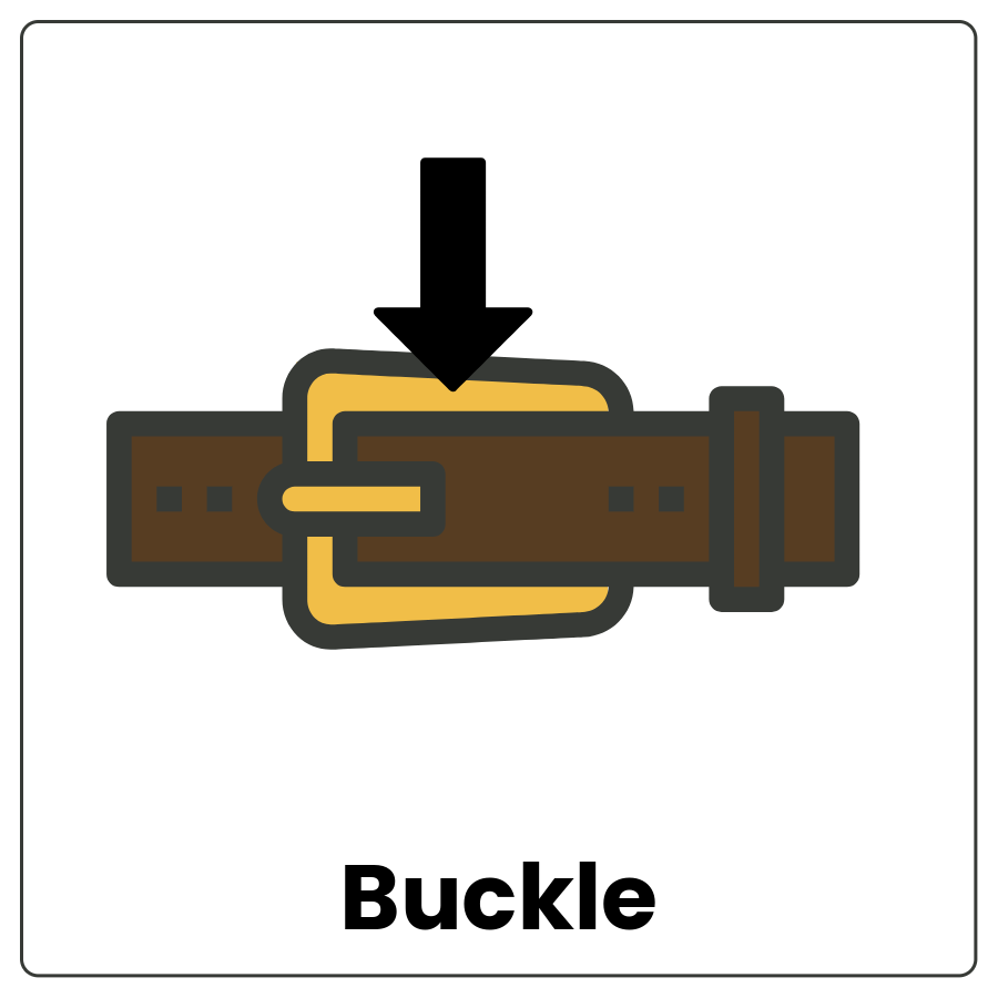 Buckle - Piece of cloth with an arrow pointing to a buckle and the word buckle