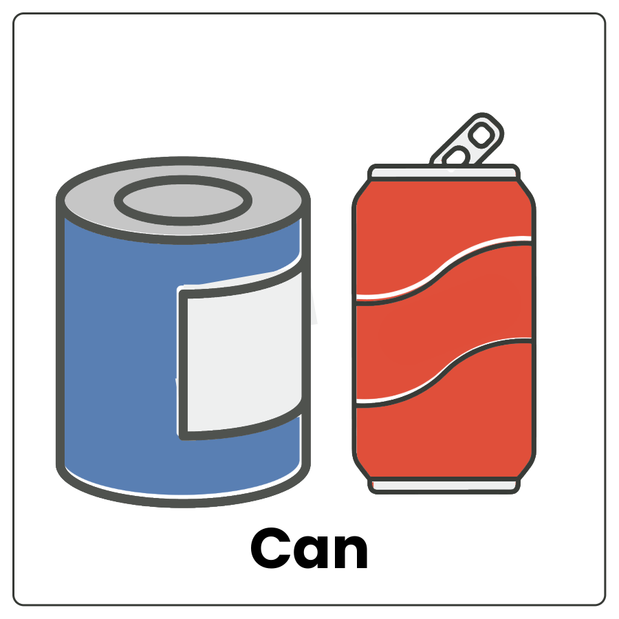 Visual Cue: Can - 2 cylindrical metal containers with sealed ends that hold food or drinks and the word can