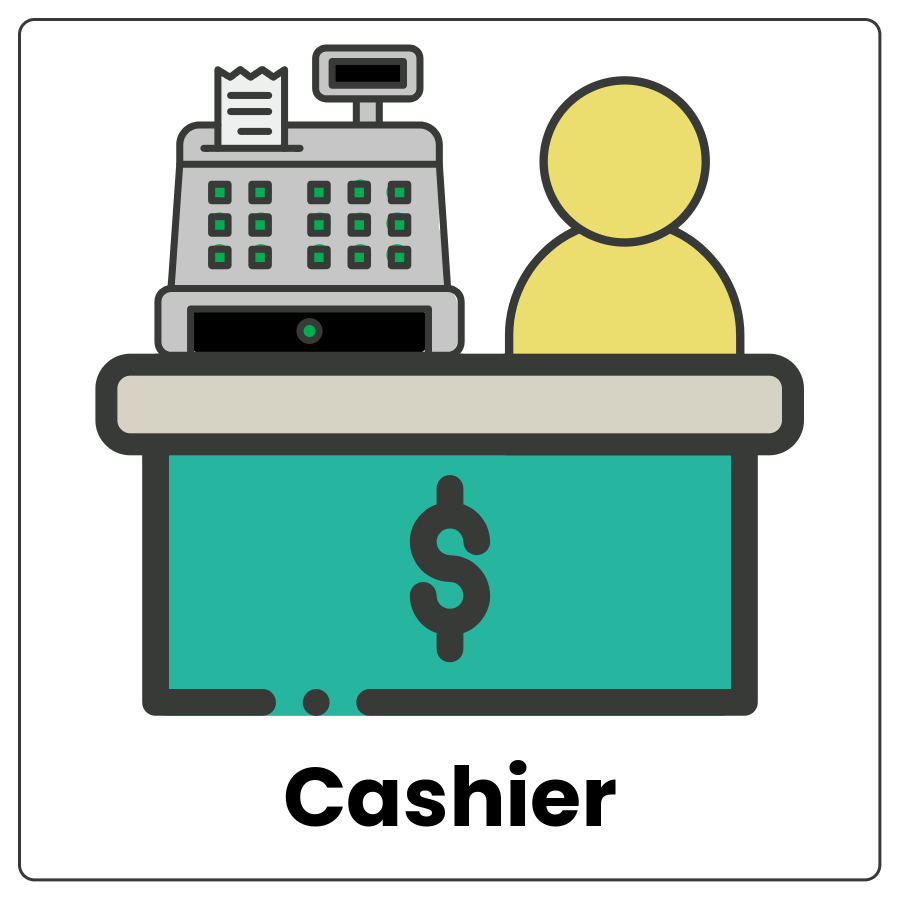 Visual Cue: Cashier - Table with a cash register and a person and the word cashier