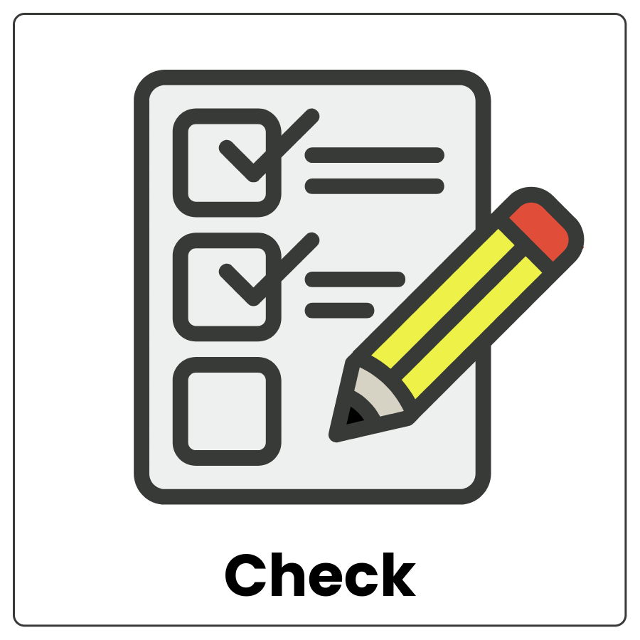 Paper with 3 boxes, 2 of which have check marks and a pencil and the word check