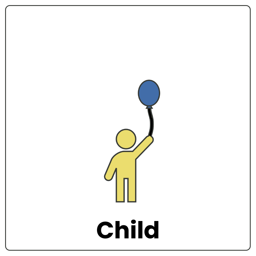 Visual Cue: Child - Drawing of a young person holding a balloon and the word child