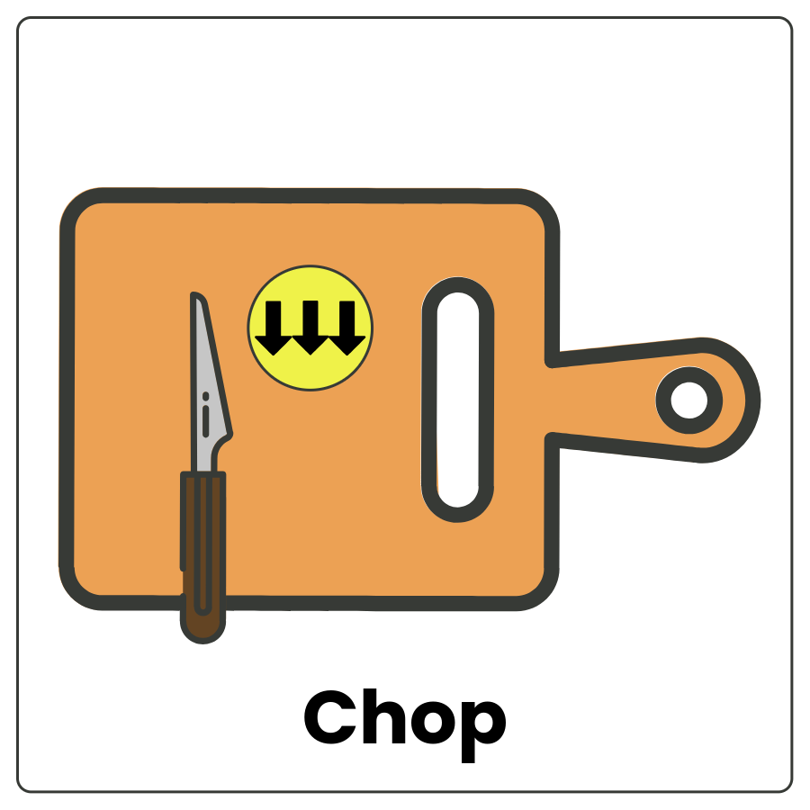 Visual Cue: Chop - Cutting board, knife and arrows showing movement up and down and the word chop