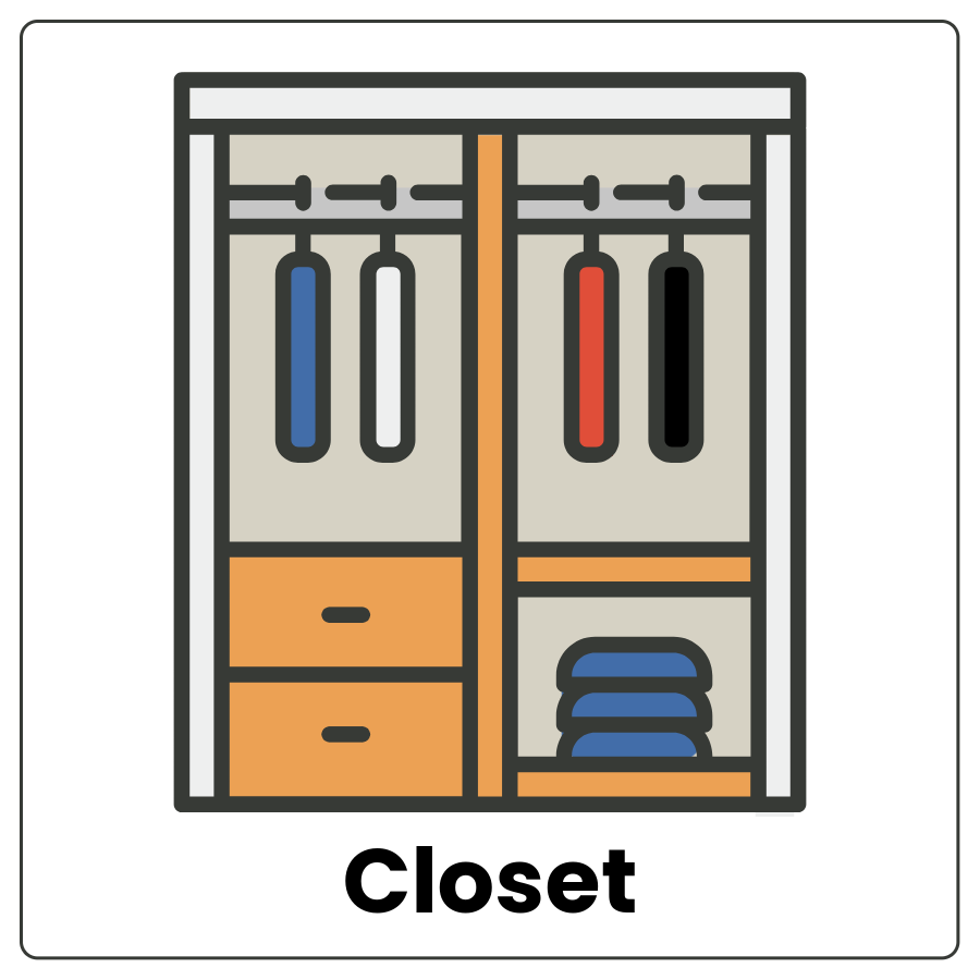 Closet - Space with drawers and shelves and hanging clothes and the word closet