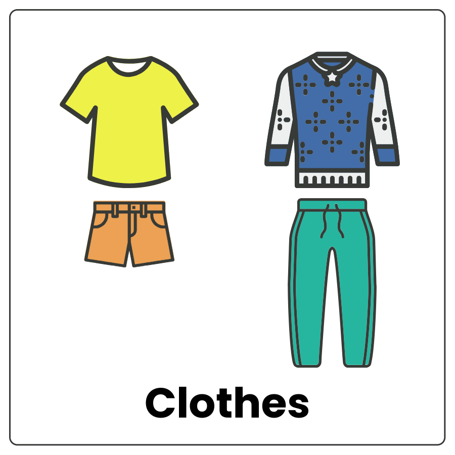 Visual Cue: Clothes - Shirt, shorts, jacket,  pants and the word clothes.