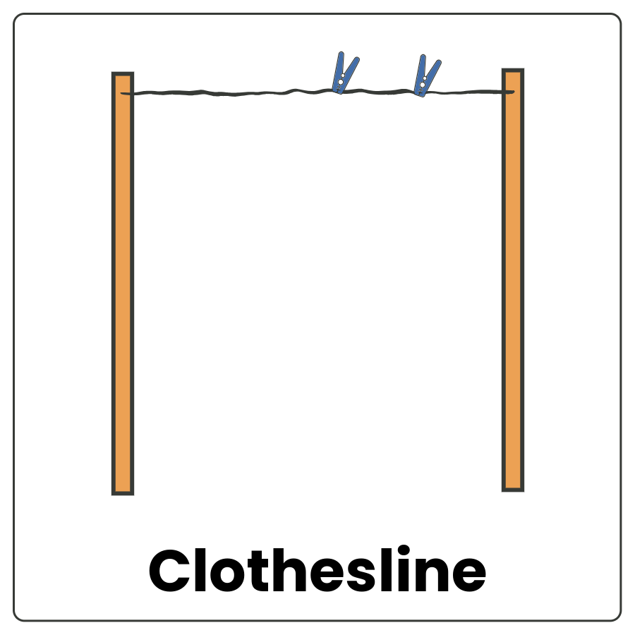 Clothesline - 2 posts with a rope tied tightly between them and the words clothes line