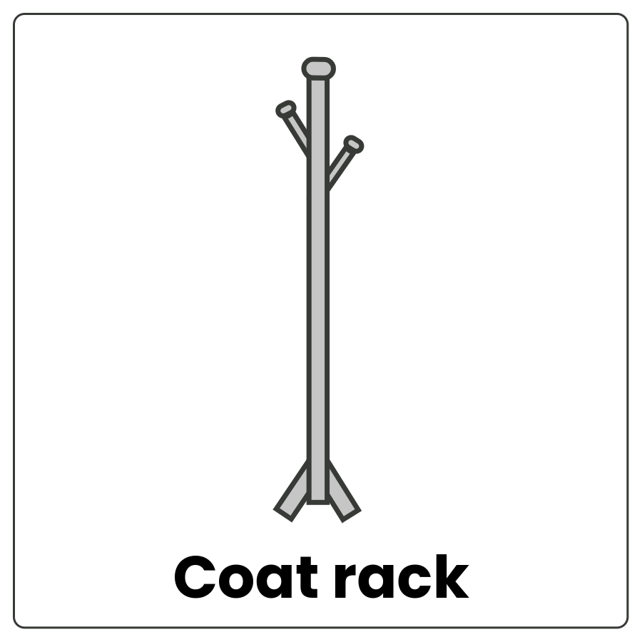 Coat rack - Standing pole with hooks and the words coat rack