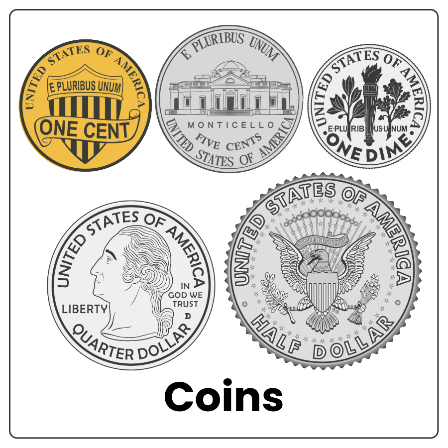 Visual Cue: Coins - A penny, nickel, dime, quarter, and half dollar and the word coins