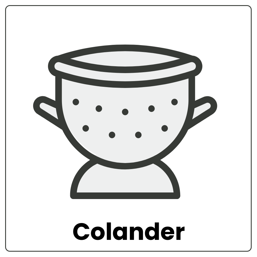 Footed bowl that has a handle on either side and many small holes that let liquid through but catch the solids and the word colander