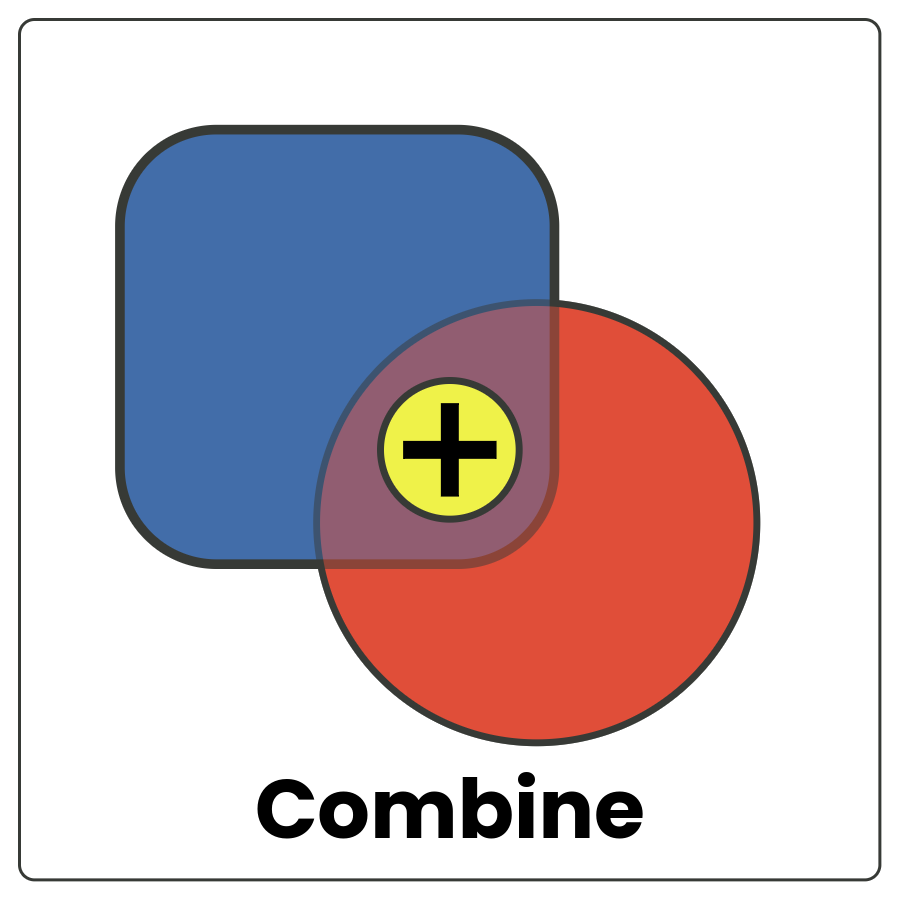 Visual Cue: Combine - blue square slightly overlapping a red circle with a purple area in the place they overlap and the word combine