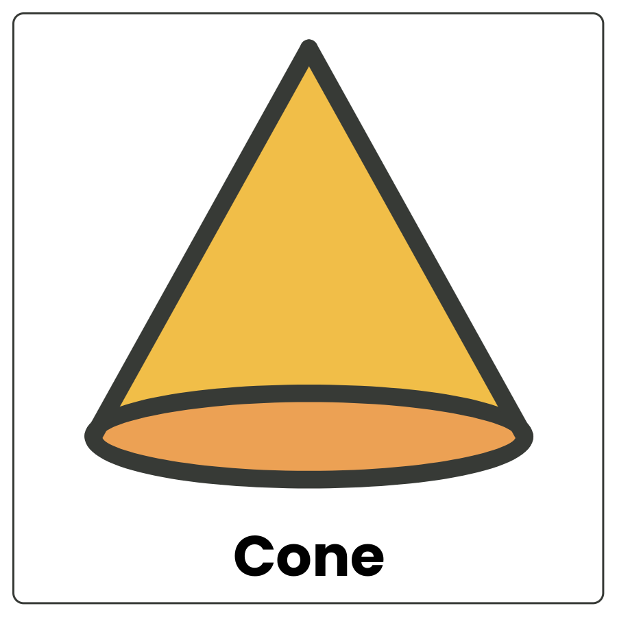 Visual Cue: Cone - 3D shape with a flat circular base and a curved side that comes to a point at the top and the word cone