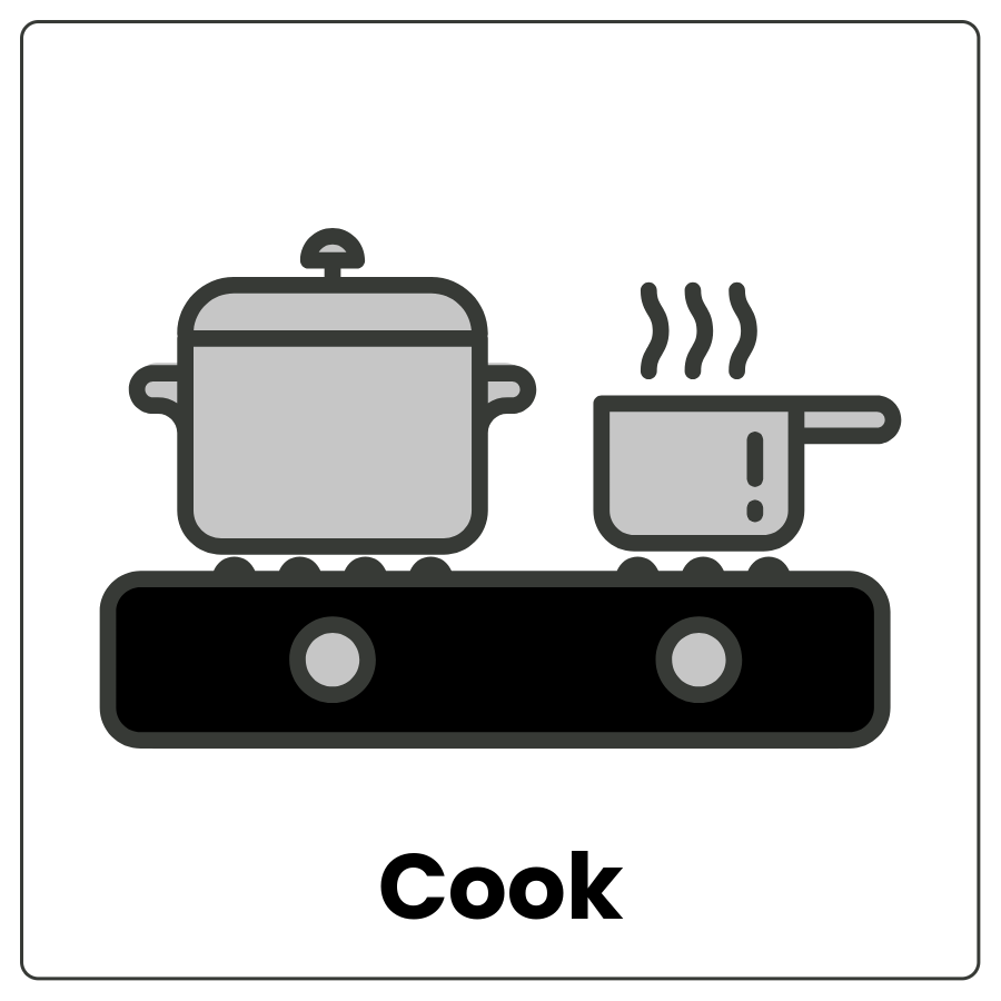 Visual Cue: Cook - Stovetop with 2 pots, one of which has steam coming from the top and the word cook