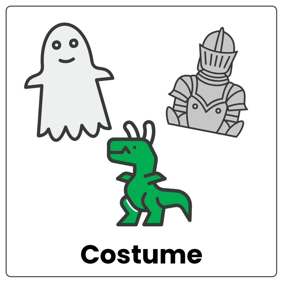 Clothes - Outfits that look like a ghost, a creature, and a dinosaur and the word costume