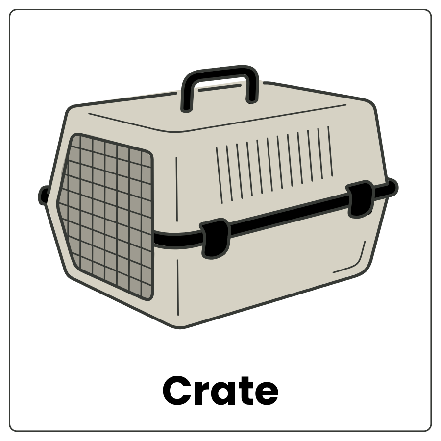 Crate - Lidded container made of hard materials with air holes, a handle, and a door that latches and the word crate