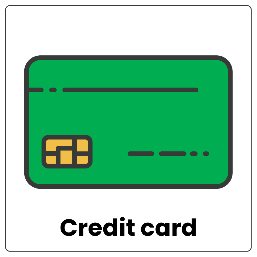 Visual Cue: Credit Card - Small piece of plastic used in place of cash and the words credit card