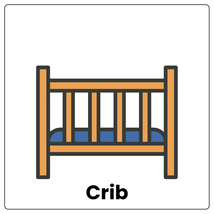 Crib - Bed with tall sides and the word crib