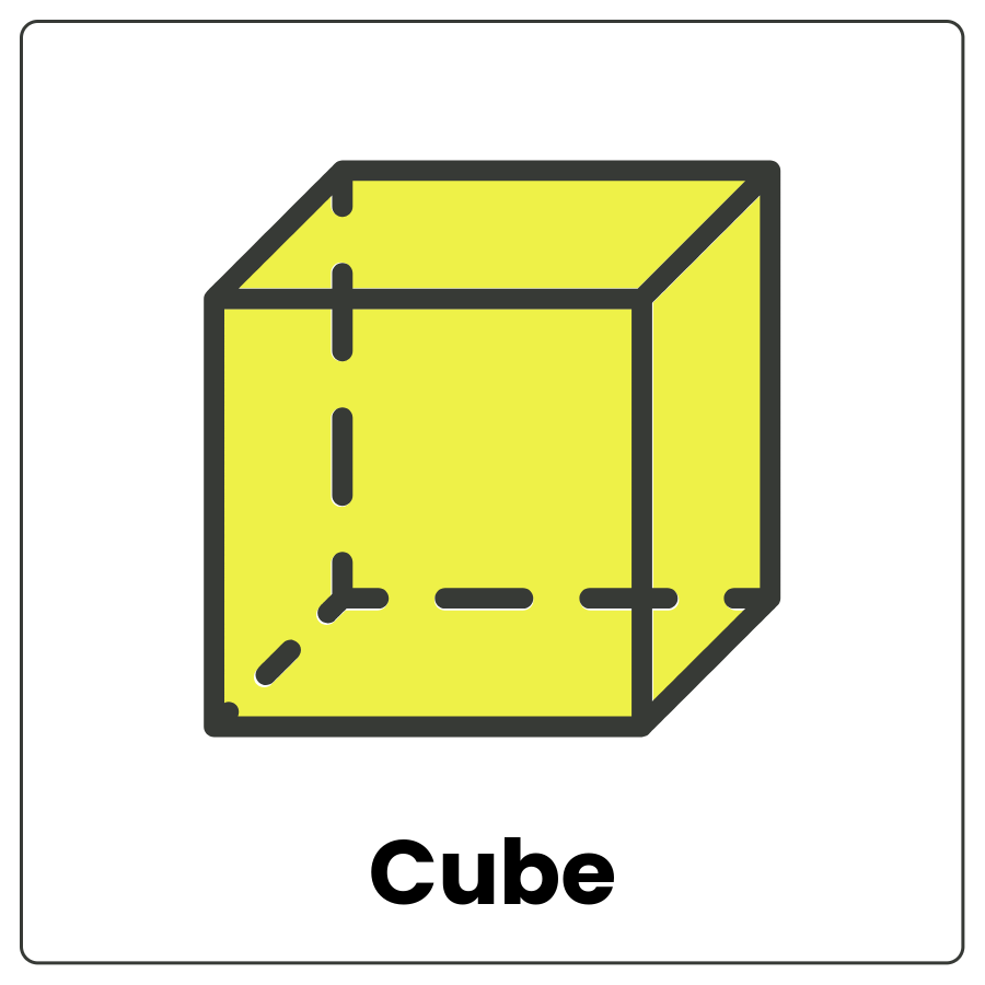 Visual Cue: Cube - 3D shape with 6 equal square faces and the word cube