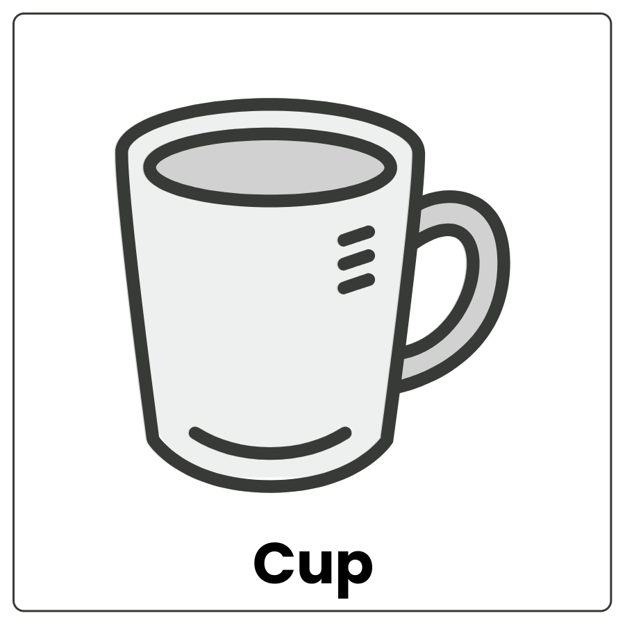 Visual Cue: Cup - Cylinder with a closed bottom and a handle and the word cup