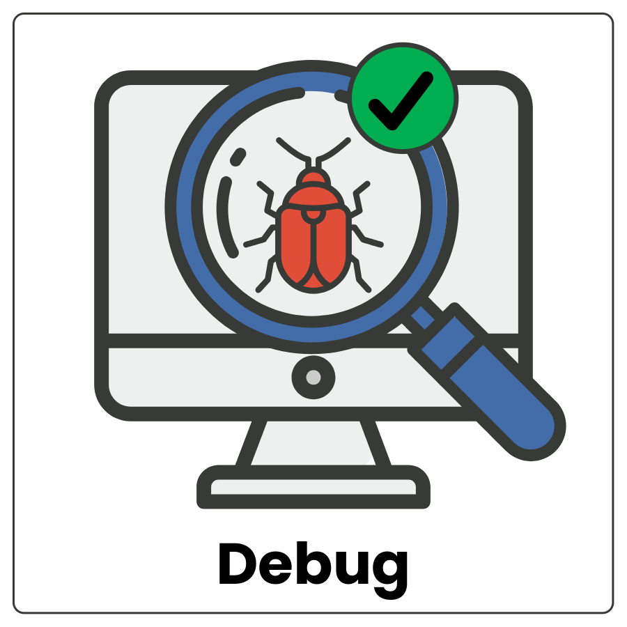 Computer screen with a bug and a magnifying glass on top and the word debug