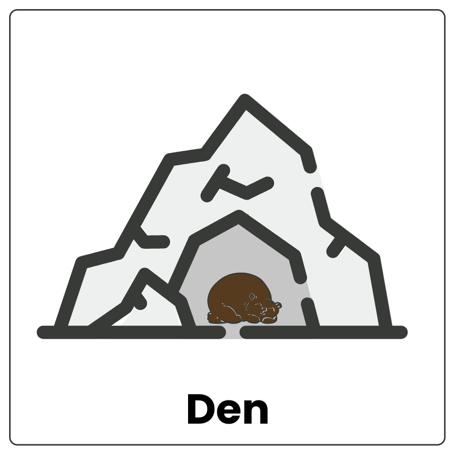 Visual Cue: Den - Cave with an opening in the front and the word den