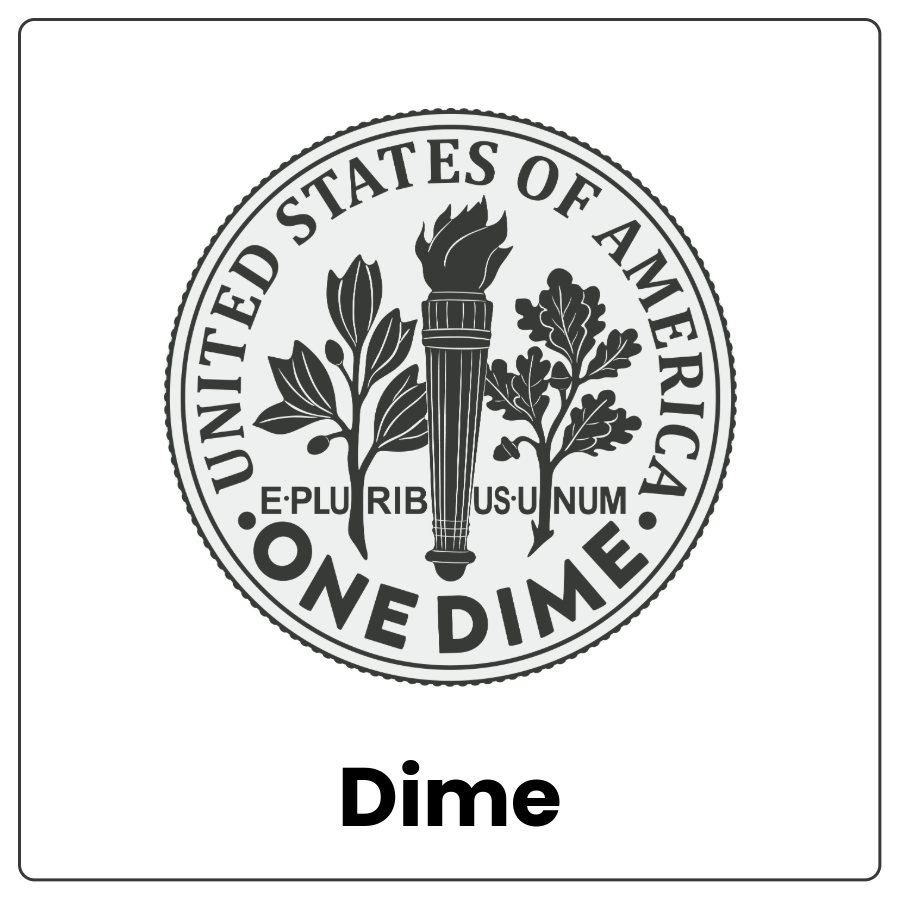 Visual Cue: Dime - Small silver coin and the word dime
