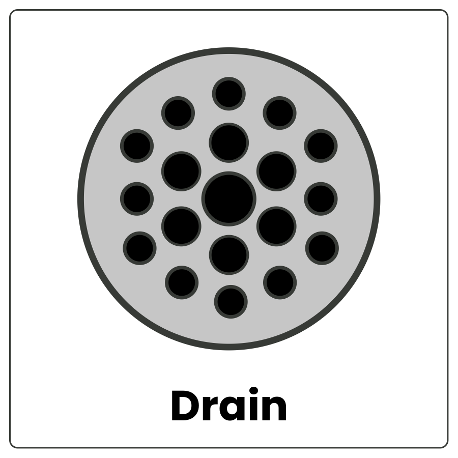 Drain - Round metal plate with many small holes and the word drain