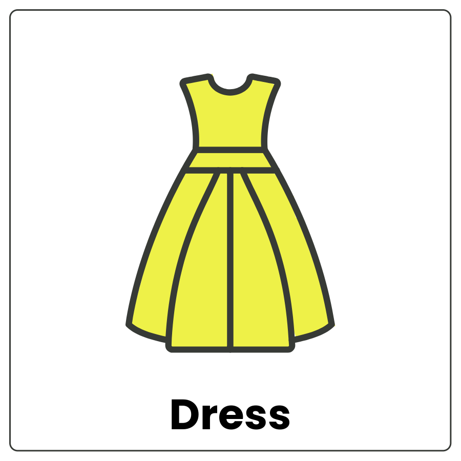 Dress - One-piece garment with a top connected to a skirt and the word dress