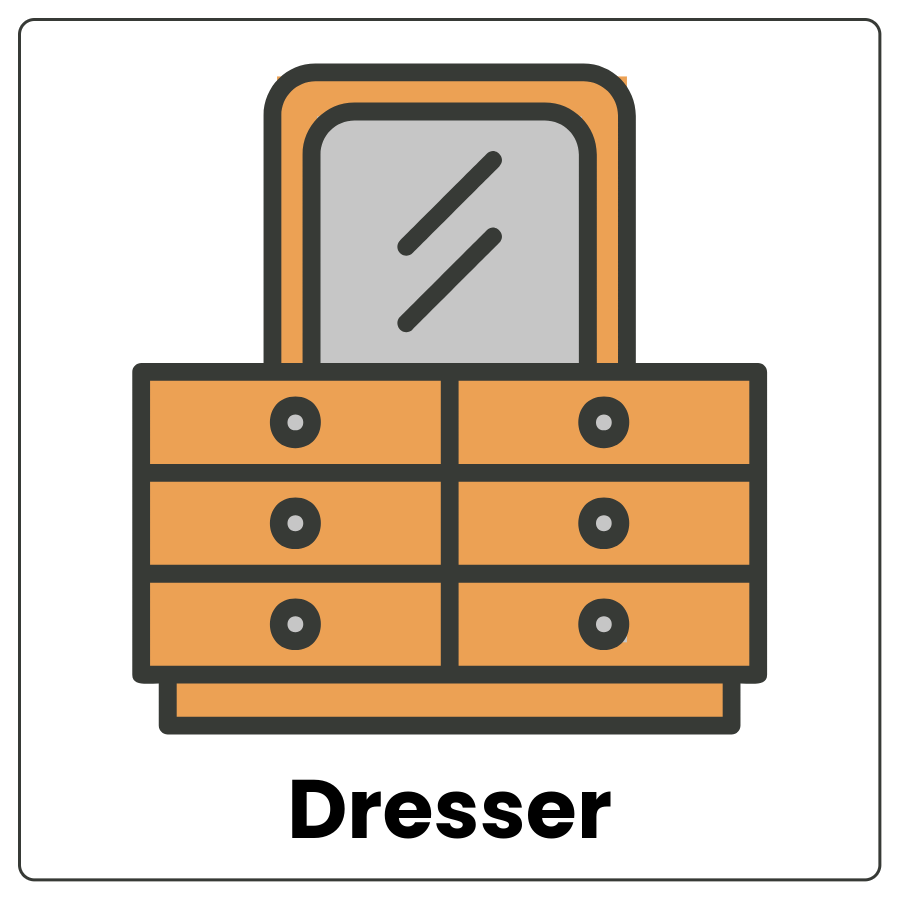 Dresser - Drawing of a piece of furniture that has drawers and the word dresser