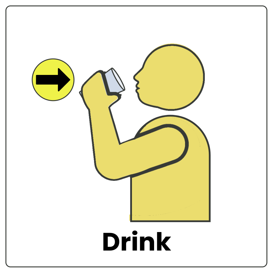 Visual Cue: Drink - Drawing of a person bringing a cup to their mouth and the word drink.