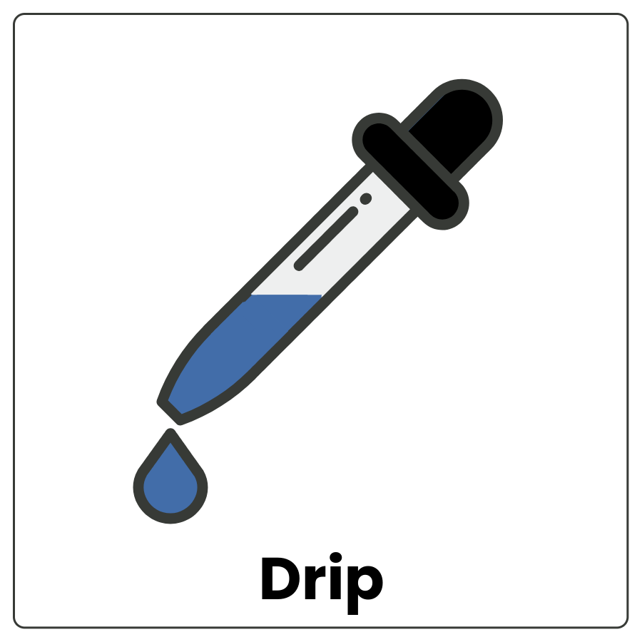 Dropper half full of liquid with a little coming out of the open hole at the bottom and the word drip