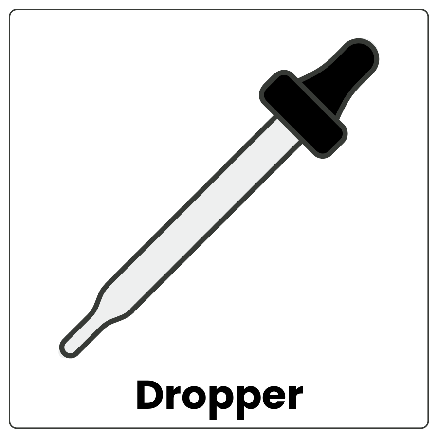 Thin tube with a squeeze bulb on the top and a hole in the bottom to transfer small amounts of liquid from one place to another and the word dropper