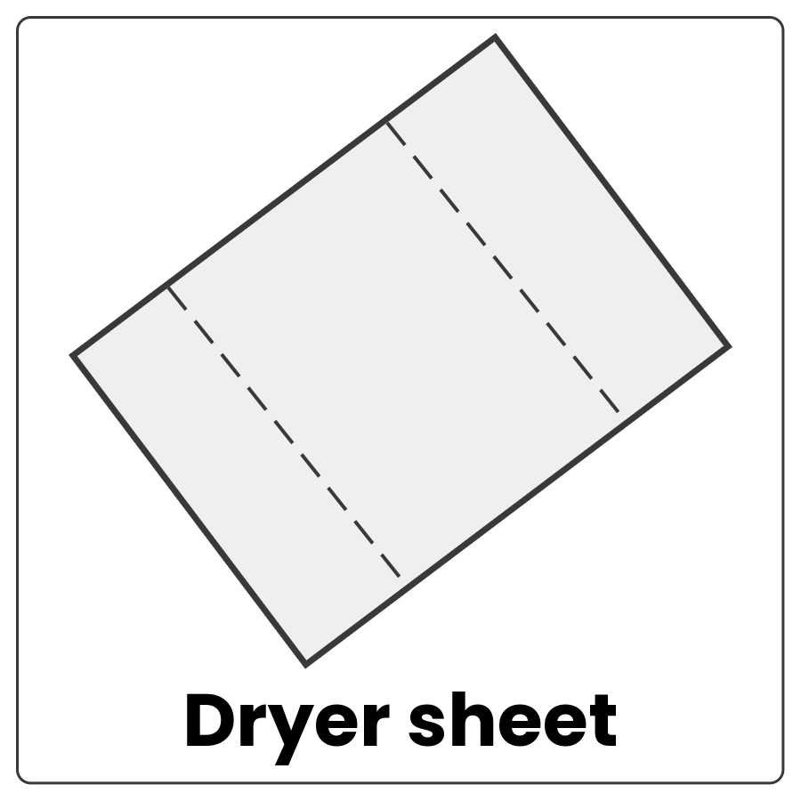 Dryer sheet - Rectangular piece of cloth and the words dryer sheet