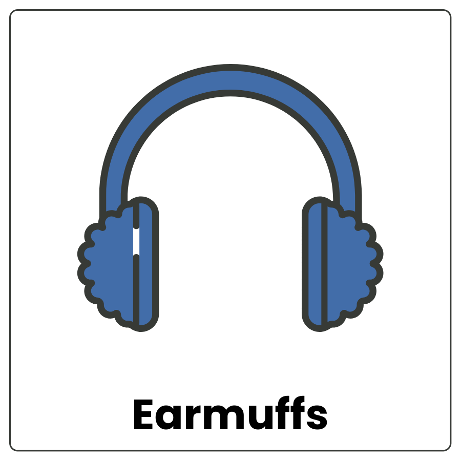Earmuffs - Cloth ear coverings attached to a headband and the word earmuffs