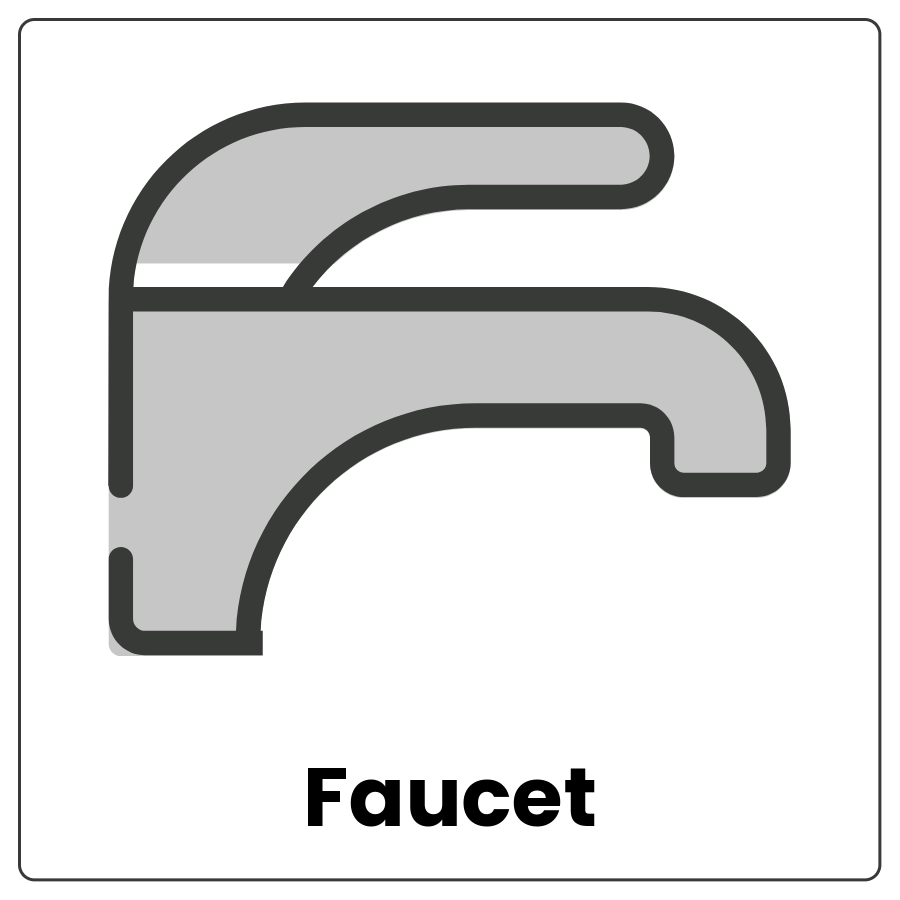 Faucet - Handle on the top part of the end of a pipe and the word faucet